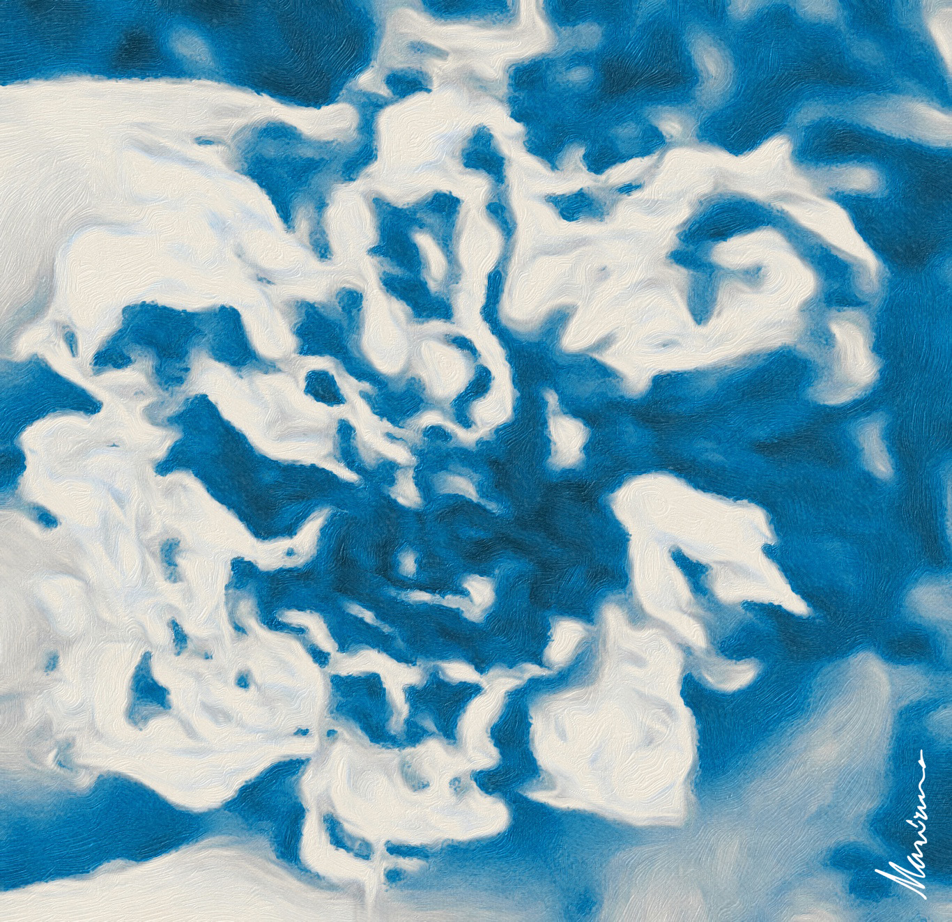 יצירת אמנות מאת מריאנה סיסון. היא יצירה אקספרסיוניסטית מופשטת עם נושא מרכזי של פרח כחול, המשלב טכניקות כגון ציור אקרילי, מברשת והדפסה דיגיטלית יש ביצירת האמנות אלמנט רעיוני, נושאים הקשורים לטבע ולקיימות . הקומפוזיציה של פרח מתפרץ יצירה דינמית ומרתקת ויזואלית המשלבת גישות מסורתיות ועכשוויות לציור.